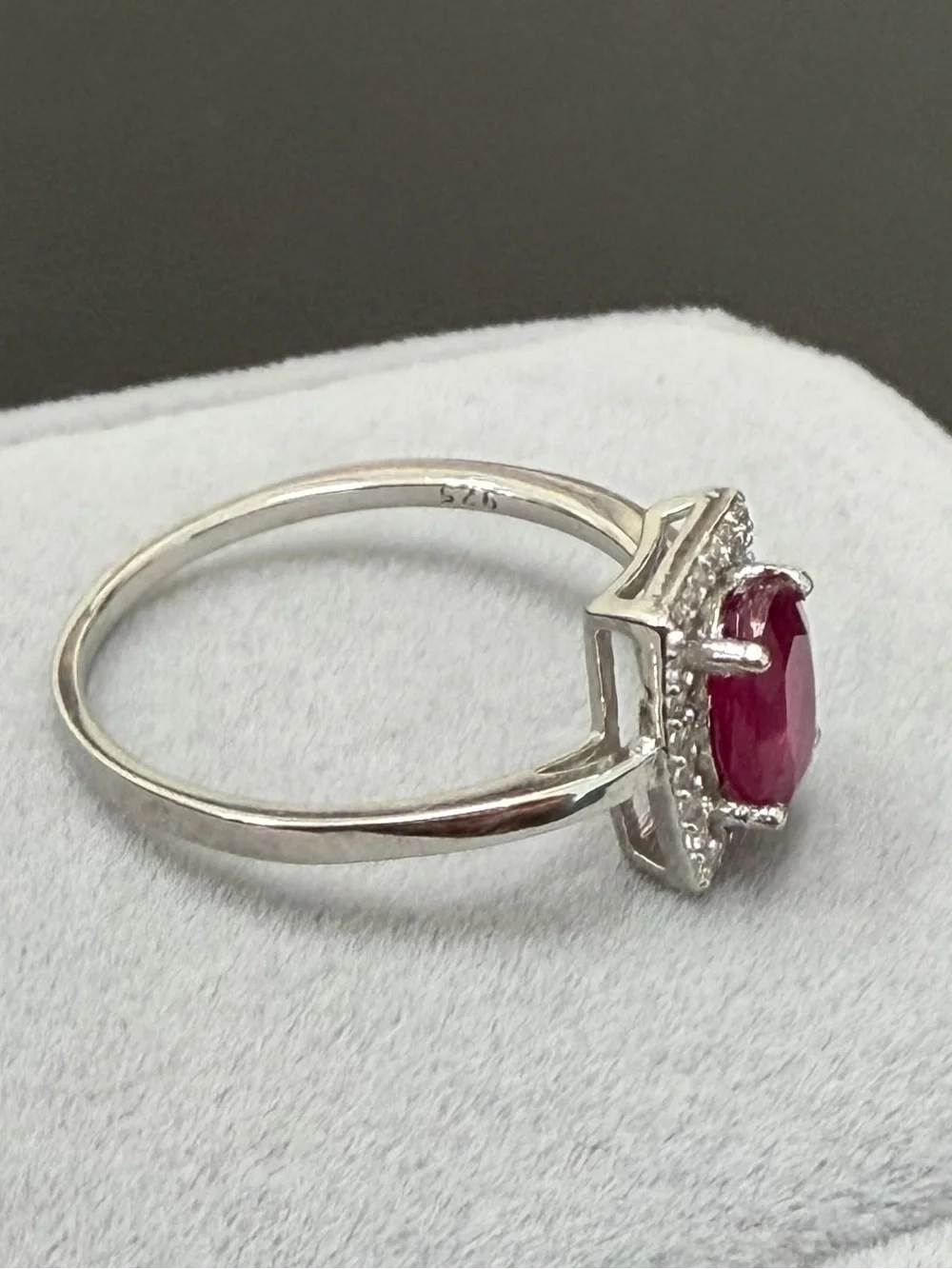 Stunning Natural Red Ruby .90CT w/ Rectangle Halo 925 Sterling Silver Sz 6.75